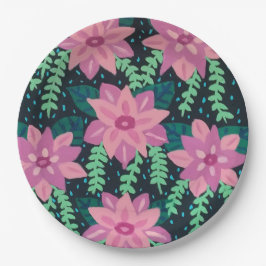 ピンクとグリーンの抽象芸術フローラプリント ペーパープレート