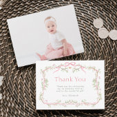 ピンクとグリーンの春の庭 1歳の誕生日写真 サンキューカード