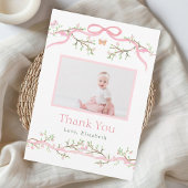 ピンクとグリーンの春の庭 1歳の誕生日写真 サンキューカード