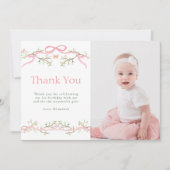 ピンクとグリーンの春の庭 1歳の誕生日写真 サンキューカード (正面)