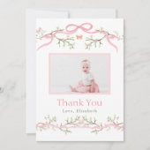 ピンクとグリーンの春の庭 1歳の誕生日写真 サンキューカード (正面)