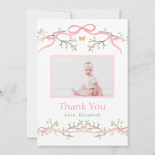 ピンクとグリーンの春の庭 1歳の誕生日写真 サンキューカード (正面)