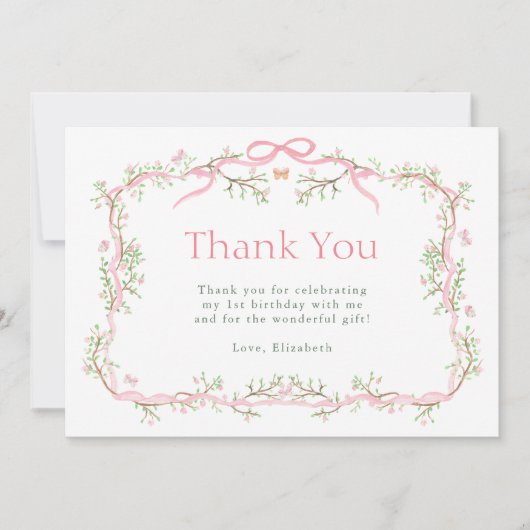 ピンクとグリーンの春ガーデン1stバースデーフォト サンキューカード (正面)