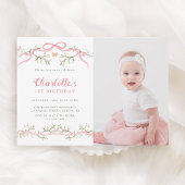 ピンクとグリーンの春ガーデン1stバースデーフォト 招待状