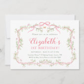 ピンクとグリーンの春ガーデン1st誕生日パーティー 招待状 (正面)