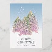 ピンクとグリーンの水彩クリスマスツリー アート 箔シーズンカード (正面)
