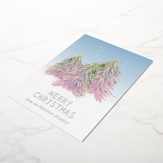 ピンクとグリーンの水彩クリスマスツリー アート 箔シーズンカード (回転した状態)