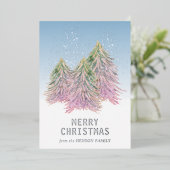 ピンクとグリーンの水彩クリスマスツリー アート 箔シーズンカード (立ち正面)