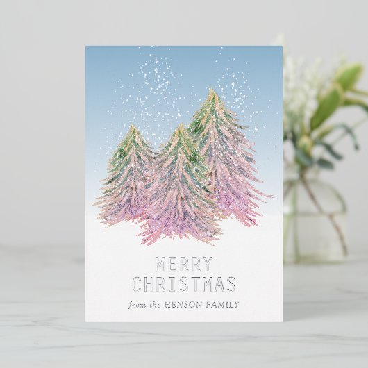 ピンクとグリーンの水彩クリスマスツリー アート 箔シーズンカード (立ち正面)