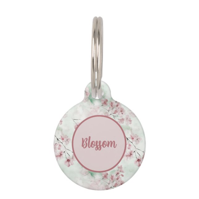 ピンクとグリーンの水彩桜フラワー ペット　ネームタグ (正面)