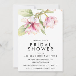 ピンクとグリーンの水彩画のマグノリア ブライダルシャワー 招待状