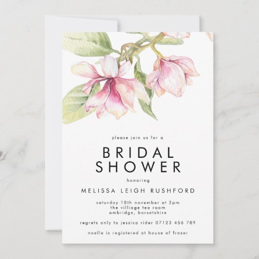 ピンクとグリーンの水彩画のマグノリア ブライダルシャワー 招待状 (正面)