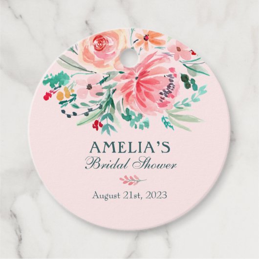 ピンクとグリーンの水彩花イラストのウェディングシャワー フェイバータグ (正面)
