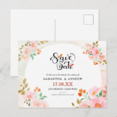 ピンクとグリーンの水彩花柄の結婚式延期案内サイン 案内ポストカード (正面/裏面)