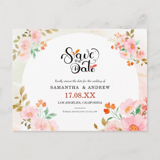 ピンクとグリーンの水彩花柄の結婚式延期案内サイン 案内ポストカード (正面)