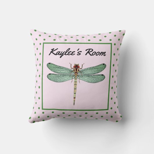 ピンクとグリーンの水玉模様とトンボのモノグラム クッション (裏面)