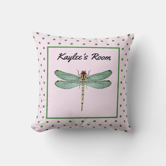 ピンクとグリーンの水玉模様とトンボのモノグラム クッション (正面)
