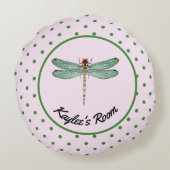 ピンクとグリーンの水玉模様とトンボのモノグラム ラウンドクッション (裏面)