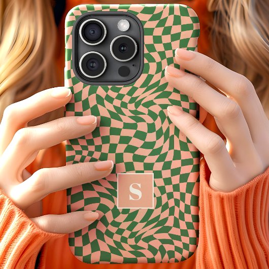 ピンクとグリーンの波状チェックのモノグラム Case-Mate iPhoneケース