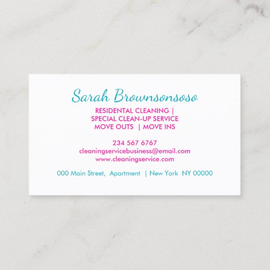 ピンクとグリーンの漫画のハウスクリーニングサービス 名刺 (裏面)