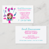 ピンクとグリーンの漫画のハウス・クリーニング・サービス 名刺 (正面/裏面)