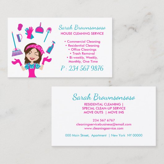 ピンクとグリーンの漫画のハウス・クリーニング・サービス 名刺 (正面/裏面)