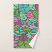 ピンクとグリーンの熱帯葉プリント バスタオルセット (ハンドタオル)