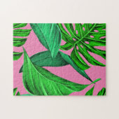 ピンクとグリーンの熱帯葉産 ジグソーパズル (横)