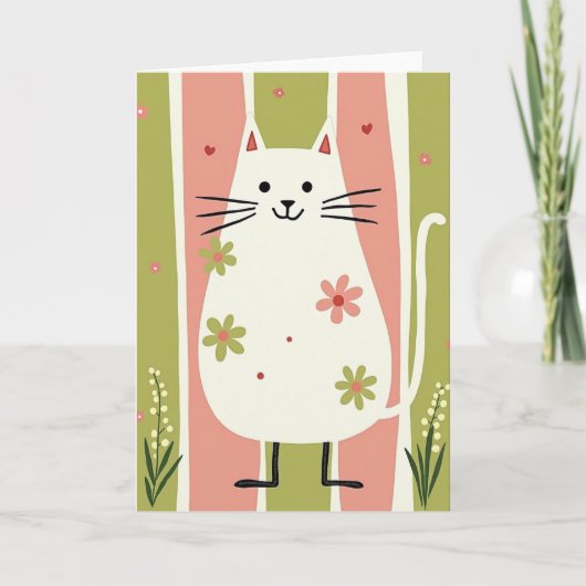 ピンクとグリーンの猫の誕生日カード カード (正面)