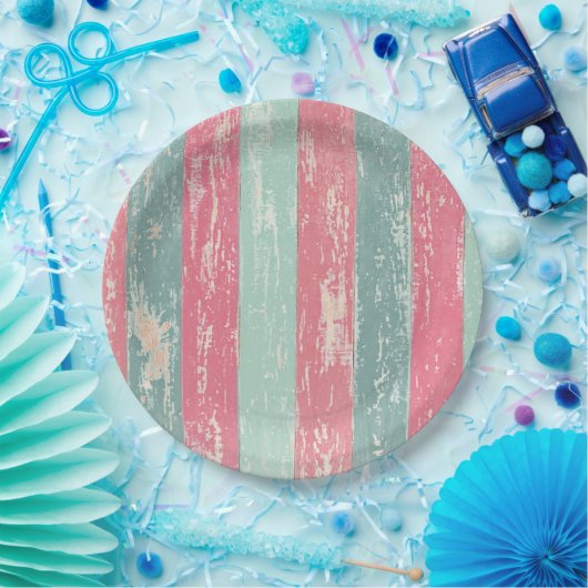 ピンクとグリーンの素朴木製フェスグランジテクスチャ ペーパープレート (パーティー)