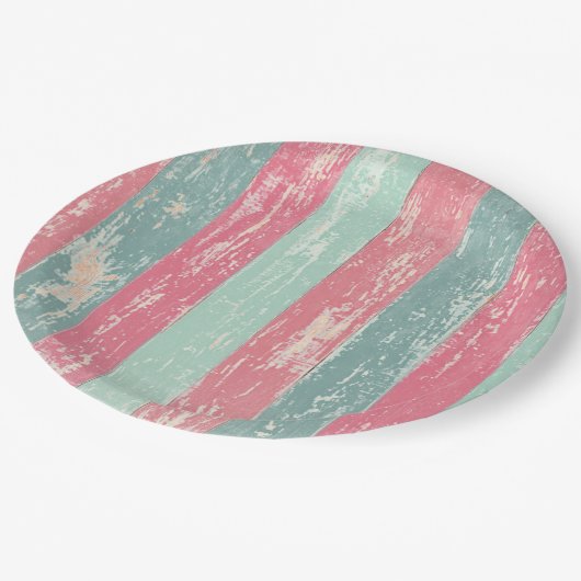 ピンクとグリーンの素朴木製フェスグランジテクスチャ ペーパープレート (アングル)