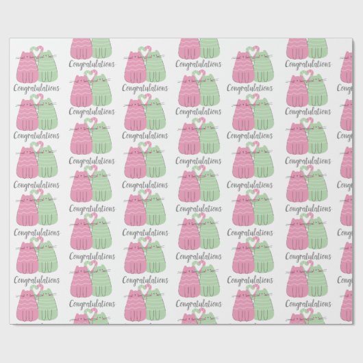 ピンクとグリーンの結婚猫おめでとう ラッピングペーパー (フラット)