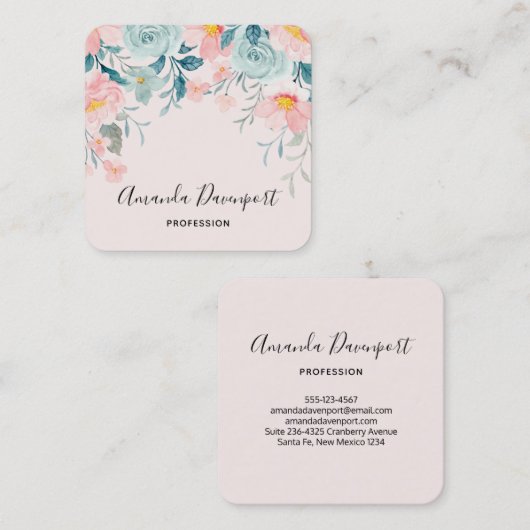 ピンクとグリーンの縁どフローラエレガント スクエア名刺 (正面/裏面)