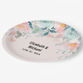 ピンクとグリーンの縁ど結婚フローラ ペーパープレート (アングル)