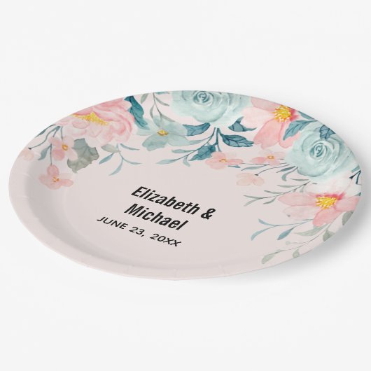 ピンクとグリーンの縁ど結婚フローラ ペーパープレート (アングル)