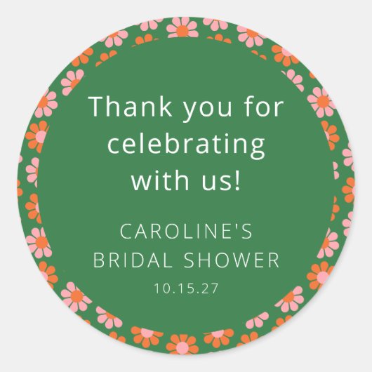 ピンクとグリーンの花のウェディングシャワー カスタム感謝メッセージ ラウンドシール (正面)