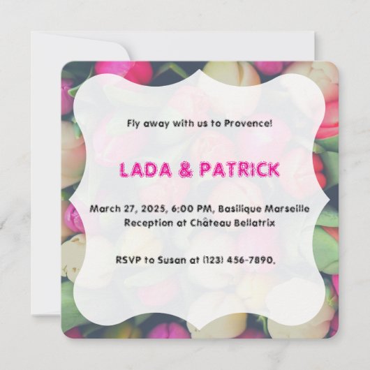 ピンクとグリーンの花のチューリップの背景写真 デスティ 招待状 (正面)