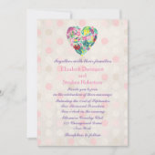 ピンクとグリーンの花のハートの夏の結婚式 招待状 (正面)