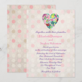 ピンクとグリーンの花のハートの夏の結婚式 招待状