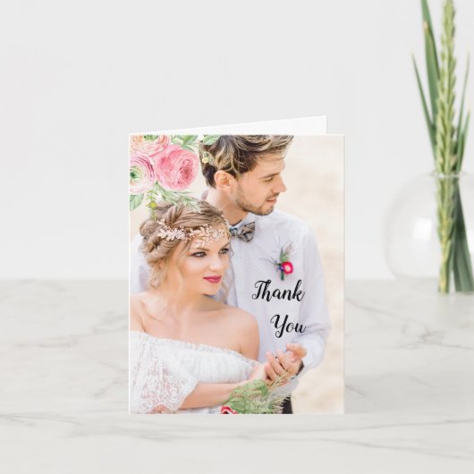 ピンクとグリーンの花の写真 ウェディング お礼 サンキューカード (正面)