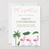 ピンクとグリーンの花の誕生日 招待状 (正面)