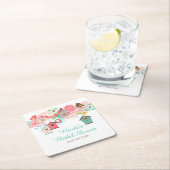 ピンクとグリーンの花の鳥かご ブライダルシャワー スクエアペーパーコースター (インサイチュ)