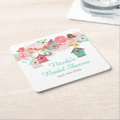 ピンクとグリーンの花の鳥かご ブライダルシャワー スクエアペーパーコースター (アングル)