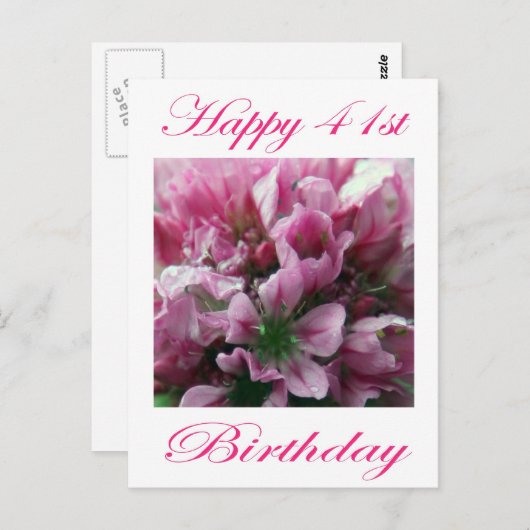 ピンクとグリーンの花の41歳の誕生日おめでとう ポストカード (正面/裏面)