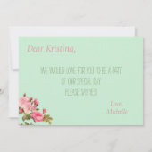 ピンクとグリーンの花柄のフラワーガールにおなる? 招待状 (裏面)