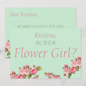 ピンクとグリーンの花柄のフラワーガールにおなる? 招待状 (正面/裏面)