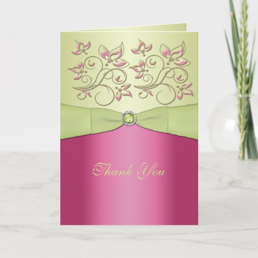 ピンクとグリーンの花柄の感謝カード サンキューカード (正面)