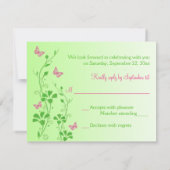 ピンクとグリーンの花柄の蝶の返信カード 招待状 (裏面)