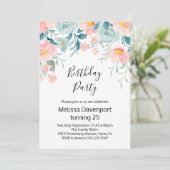 ピンクとグリーンの花柄の誕生日ボーダー 招待状 (スタンド正面)