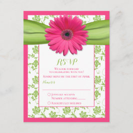 ピンクとグリーンの花柄ダマスク結婚式返信カード 出欠カード